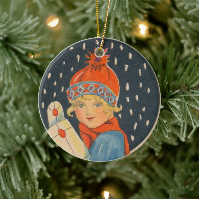 Frohe Weihnachten - Mädchen, alte schwedische Vint Keramik Ornament (Baum)