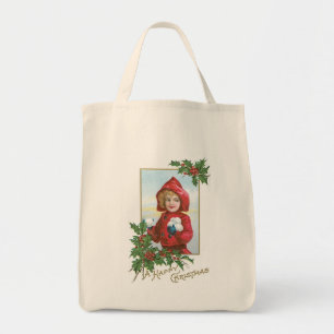 Frohe Weihnachten Mädchen mit Schneebällen Tragetasche