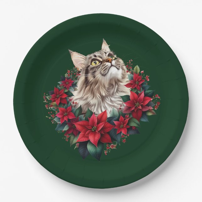 Frohe Weihnachten Maine Coon Katze  Pappteller (Vorderseite)