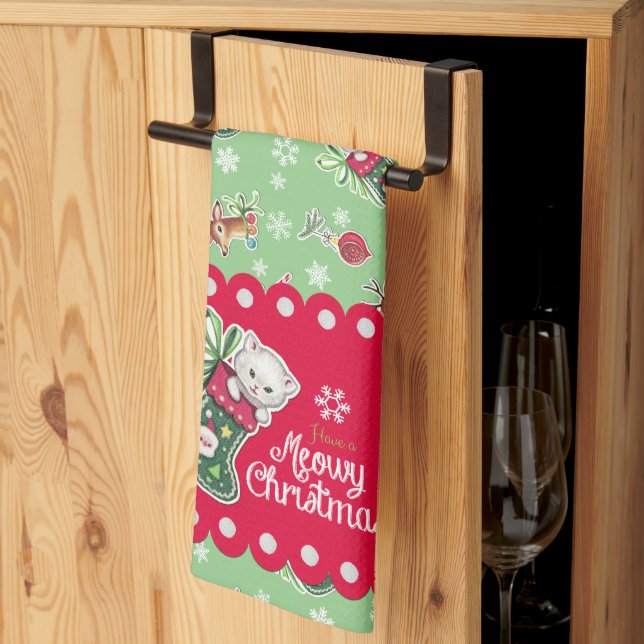 Frohe Weihnachten Meowy Happy Rentier Küchenhandtu Geschirrtuch (Drittel gefaltet)