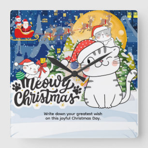 Frohe Weihnachten Meowy Quadratische Wanduhr