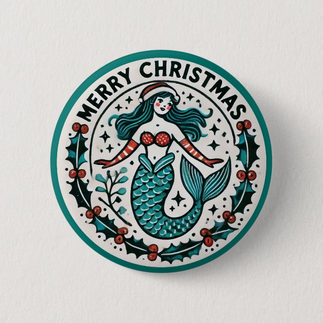 Frohe Weihnachten Mermaid Button (Vorderseite)
