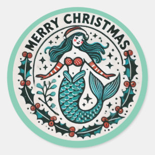 Frohe Weihnachten Mermaid Runder Aufkleber