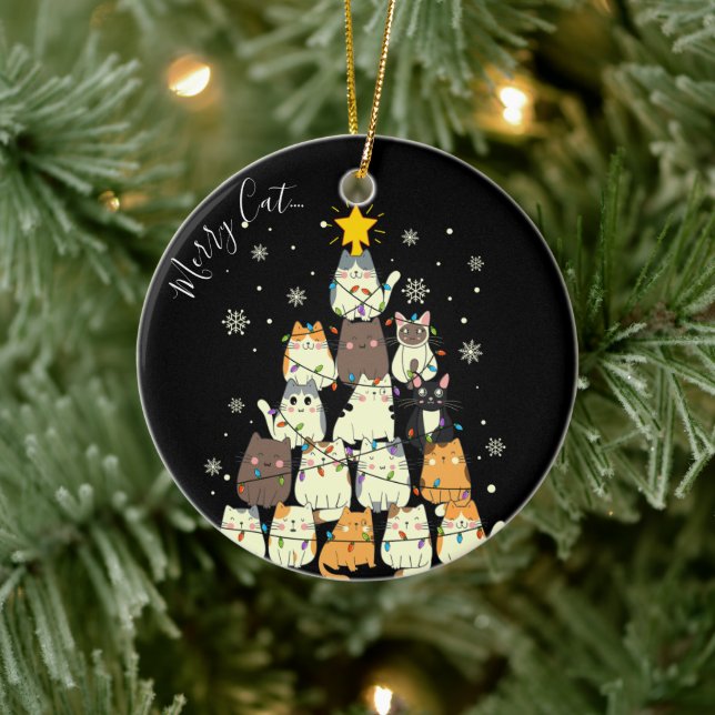 Frohe Weihnachten Merry Cat-Mas Cat Tree Keramik Ornament (Baum)
