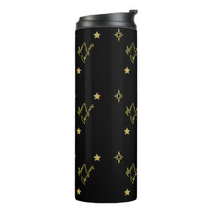 Frohe Weihnachten Mini Gold Star Muster in Schwarz Thermosbecher