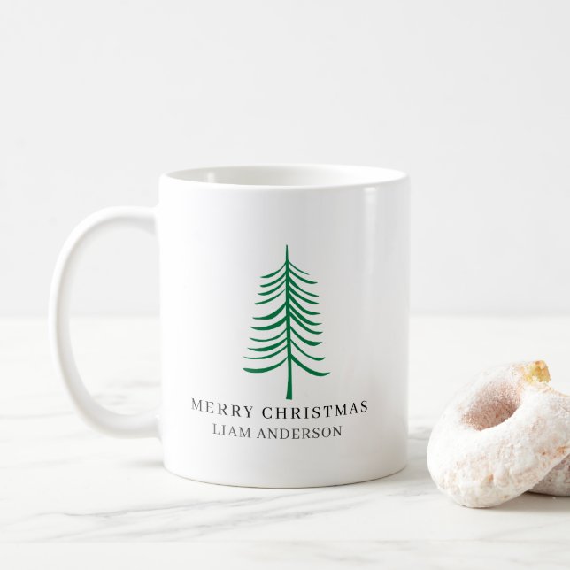 Frohe Weihnachten Minimalistisch Grün Moderne Bäum Kaffeetasse (Mit Donut)