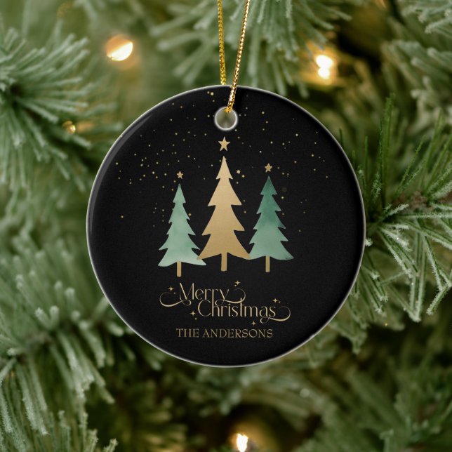 Frohe Weihnachten Minimalistische Pine Trees Black Keramik Ornament (Baum)