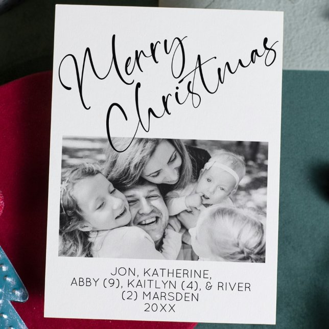 Frohe Weihnachten Minimalistischen Urlaub Ein Foto Einladung (elegant script minimalist "merry christmas" card one photo black and white family update newsletter)