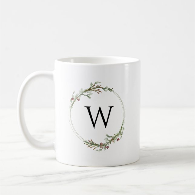 Frohe Weihnachten Minimalistischer Kranz Monogramm Kaffeetasse (Links)