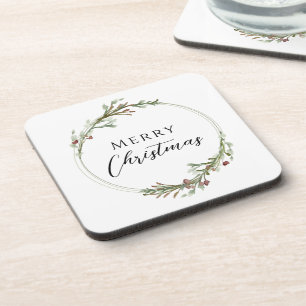 Frohe Weihnachten Minimalistischer Kranz Weiß Getränkeuntersetzer