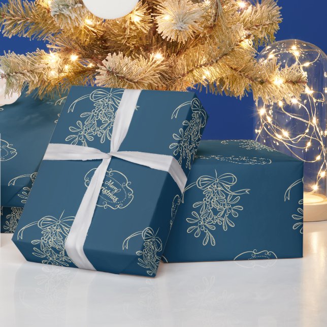 Frohe Weihnachten Mistletoe Calligraphy Blue Geschenkpapier (Feiertage)