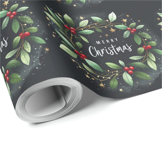 Frohe Weihnachten Mistletoe Wreath Geschenkpapier (Rolleneckpunkt)