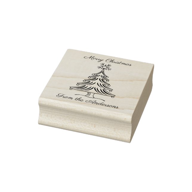 Frohe Weihnachten mit Baum und Familiennamen Gummistempel (Stempel)