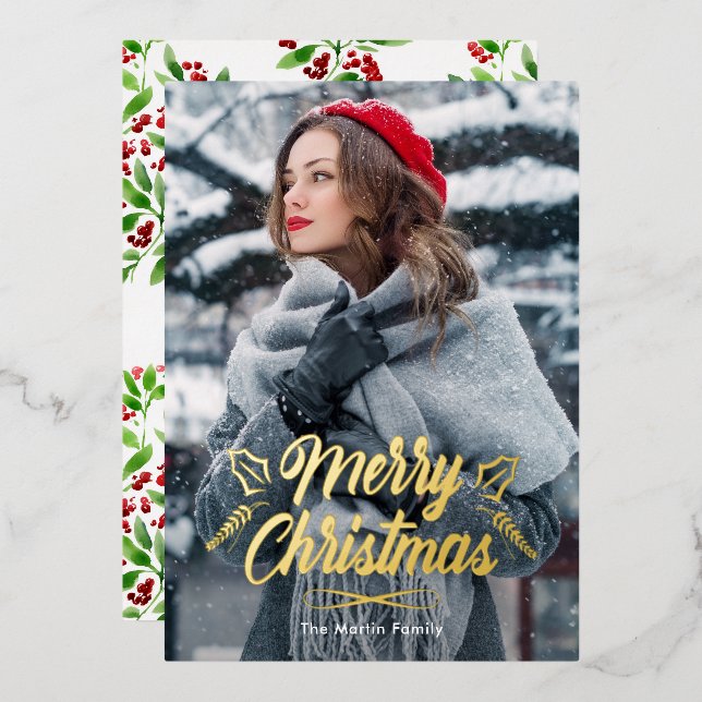 Frohe Weihnachten mit botanischen Foto Urlaub Folieneinladung (Vorderseite/Rückseite)