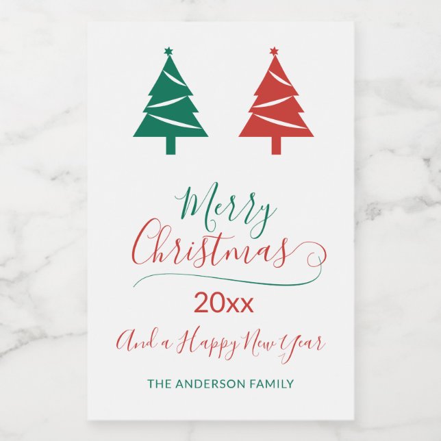 Frohe Weihnachten mit grünen Weihnachtsbäumen Lebensmitteletikett (Einzelnes Label)