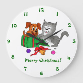 Frohe Weihnachten mit Katze und Hund Große Wanduhr