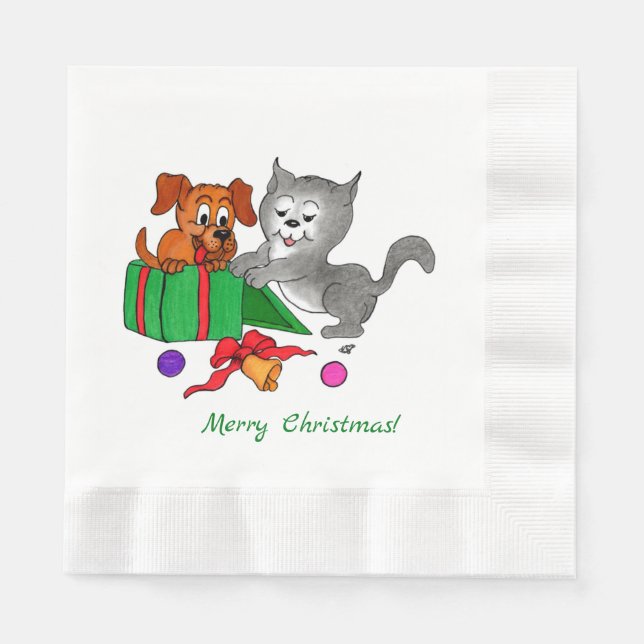 Frohe Weihnachten mit Katze und Hund Serviette (Vorderseite)