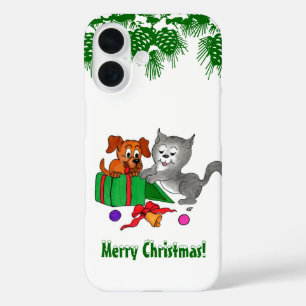 Frohe Weihnachten mit Katze und Welpe iPhone 16 Hülle