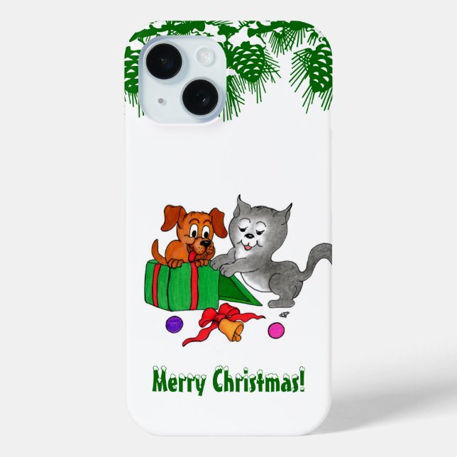 Frohe Weihnachten mit Katze und Welpe Case-Mate iPhone Hülle (Rückseite)
