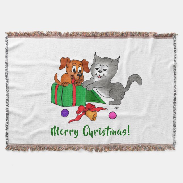 Frohe Weihnachten mit Katze und Welpe Decke (Vorderseite)