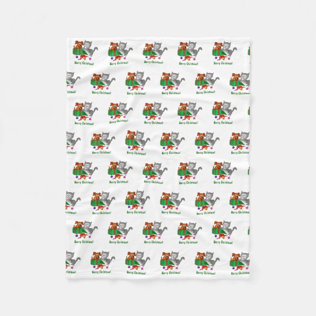 Frohe Weihnachten mit Katze und Welpe Fleecedecke (Vorderseite)