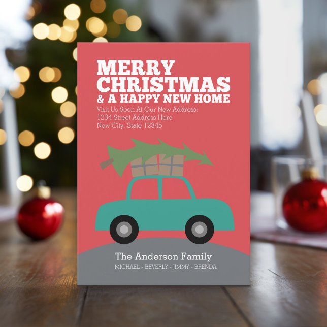 Frohe Weihnachten mit neuen Zuhause Address Moving (Holiday Moving Card with New Address and Cute Car carrying Christmas Tree)