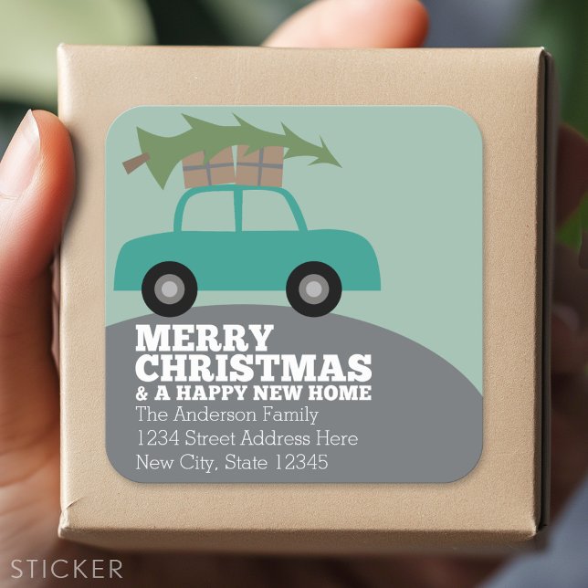 Frohe Weihnachten mit neuen Zuhause Address Moving Quadratischer Aufkleber (Custom sticker)