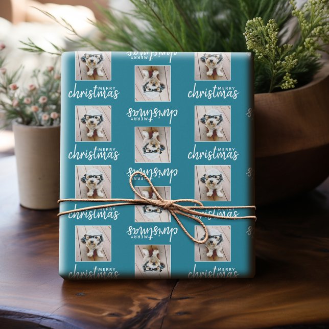 Frohe Weihnachten mit One Square Foto - blau Geschenkpapier (Personalized Photo Wrapping Paper)