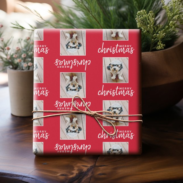 Frohe Weihnachten mit One Square Foto - rot Geschenkpapier (Personalized Photo Wrapping Paper)