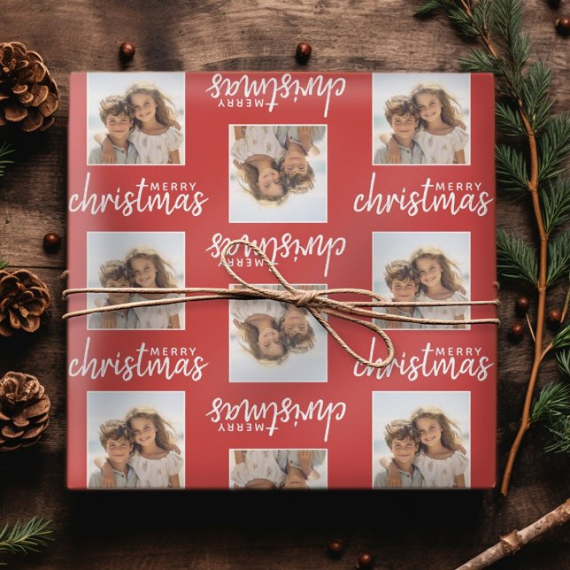 Frohe Weihnachten mit One Square Foto - rot Geschenkpapier (Personalized Christmas Wrapping Paper - Add a photo to this festive design!)