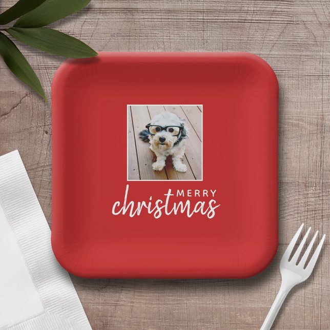 Frohe Weihnachten mit One Square Foto - rot Pappteller (Personalized Christmas party plates with a photo and text)