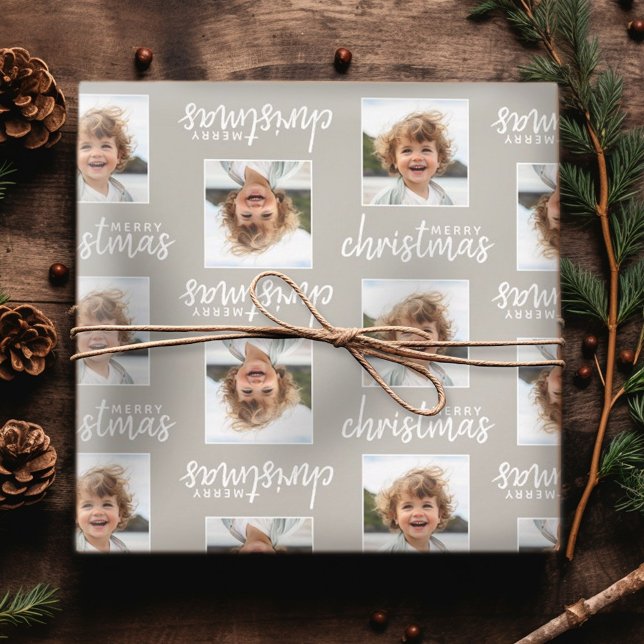 Frohe Weihnachten mit One Square Foto taupe Geschenkpapier Set (Personalized wrapping paper - Merry Christmas with One Photo)