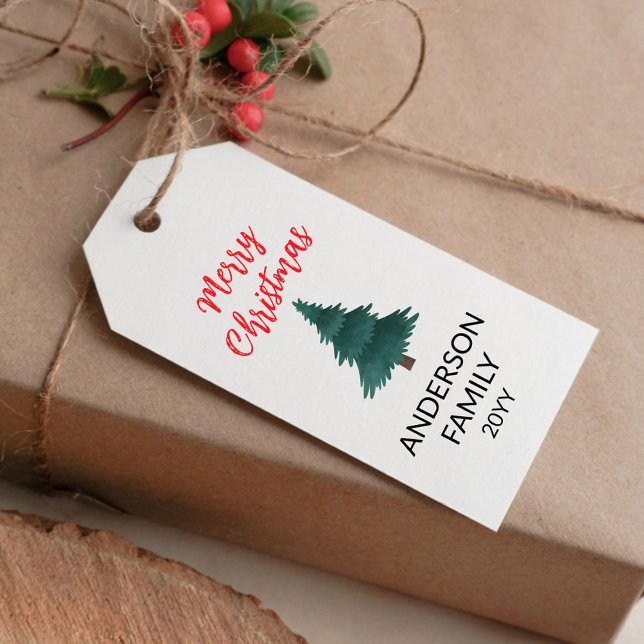 Frohe Weihnachten mit rotem Text und Weihnachtsbau Geschenkanhänger (Merry Christmas with Red Text and Christmas Tree Gift Tags)