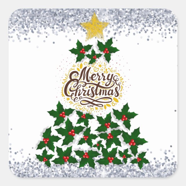 Frohe Weihnachten mit Weihnachtsbaum Quadratischer Aufkleber (Vorderseite)