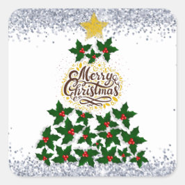Frohe Weihnachten mit Weihnachtsbaum Quadratischer Aufkleber