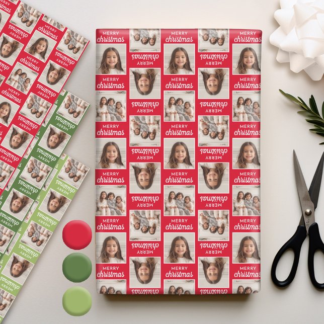 Frohe Weihnachten mit zwei quadratischen Fotos - r Geschenkpapier Set (Personalized Photo Wrapping Paper)