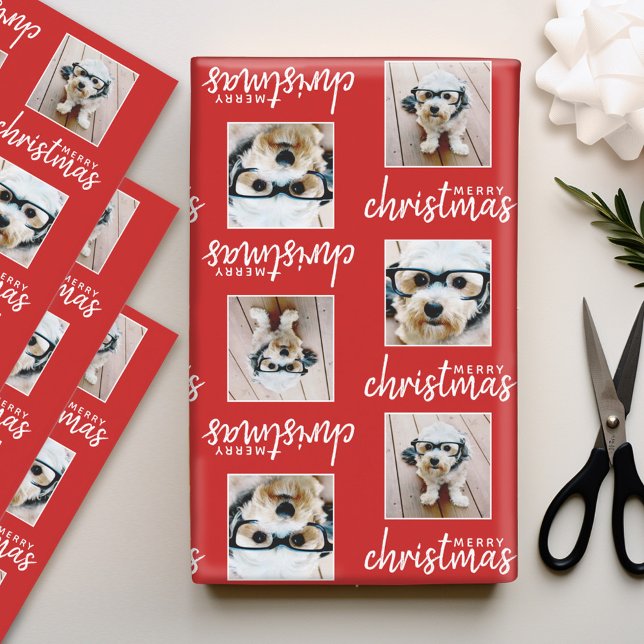 Frohe Weihnachten mit zwei quadratischen Fotos rot Geschenkpapier Set (Personalized Photo Wrapping Paper)