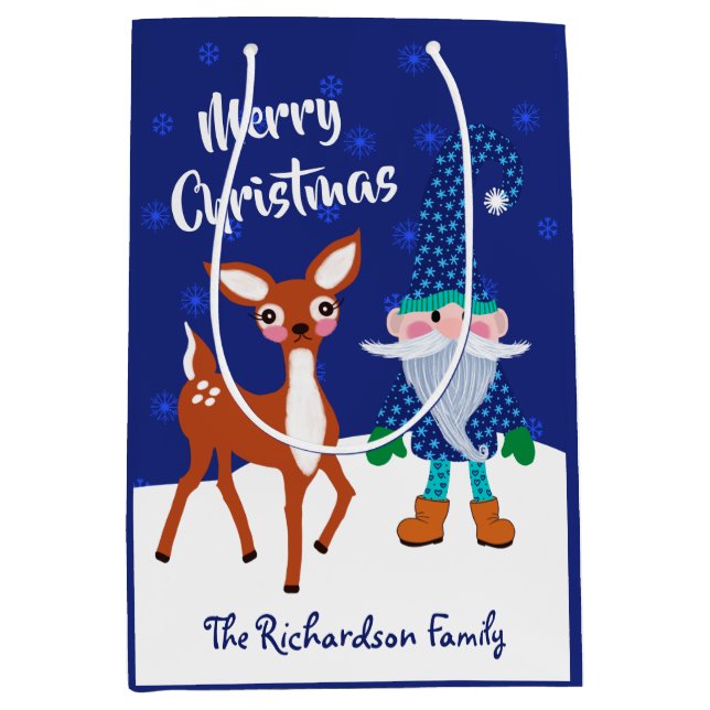 Frohe Weihnachten Mitternacht Blue Gnome Deer Mittlere Geschenktüte (Vorderseite)