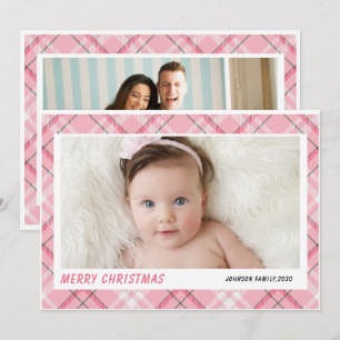 Frohe Weihnachten modern 2 Familienfoto rosa Karo