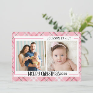 Frohe Weihnachten modern 3 Familienfoto rosa Karo