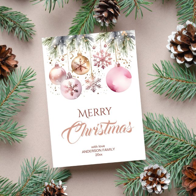 Frohe Weihnachten moderne boho metallische Aquarel (Merry Christmas holiday greeting card template digital template rose gold metallic baubles pines)