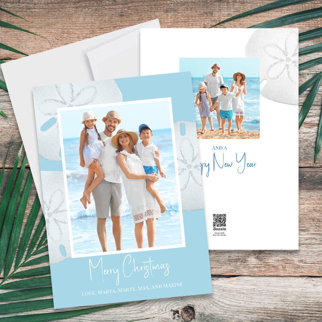 Frohe Weihnachten Moderne einfache Blue Sand Dolla (Christmas Holiday Tropical Blue Beach Photo Card with a two-photo template.)
