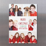 Frohe Weihnachten Moderne Foto Collage Magnet-Kart Magnetkarte<br><div class="desc">Diese niedliche,  trendige Merry Christmas Magnetkarte zeichnet sich durch ein modernes Layout von 5 Fotos der Familie auf weißem Hintergrund mit roter Typografie aus. Diese wunderschöne Magnetkarte für Foto zeigt Ihre eigene Fotocollage,  die Ihre Nachricht und Ihren Familiennamen in Grün umgibt.</div>