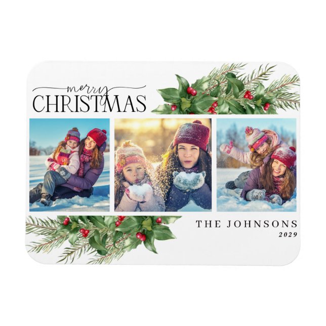 Frohe Weihnachten Moderne Holly Berry Foto Magnet (Horizontal)