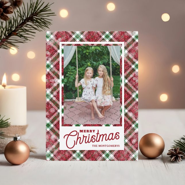 Frohe Weihnachten Moderne Karo Foto (Merry Christmas on plaid flat photo holiday cards,  PRINTED and/or INSTANT DOWNLOAD)