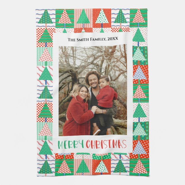 Frohe Weihnachten Moderne Patchwork-Weihnachtsbäum Geschirrtuch (Vertikal)