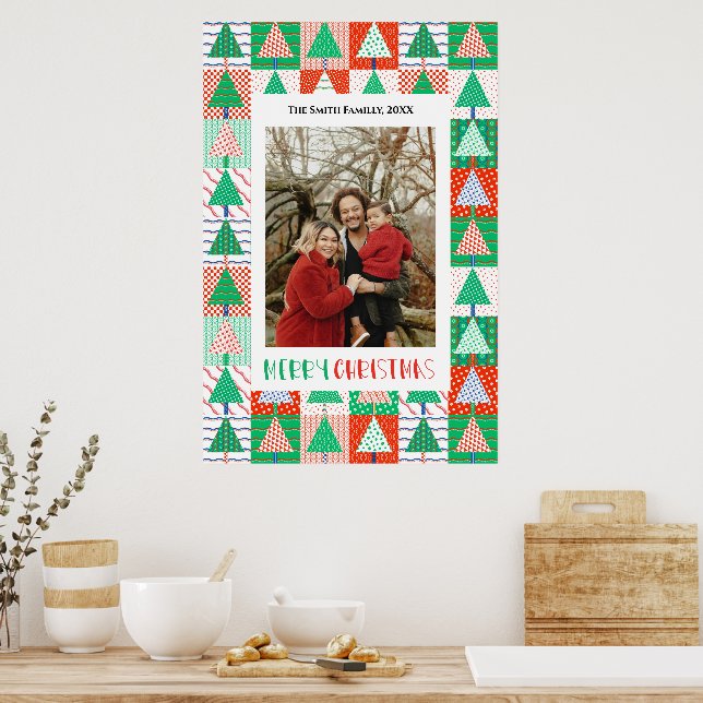 Frohe Weihnachten Moderne Patchwork-Weihnachtsbäum Poster (Küche)