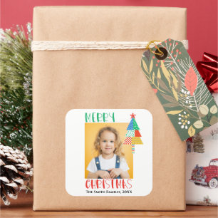Frohe Weihnachten Moderne Patchwork-Weihnachtsbäum Quadratischer Aufkleber