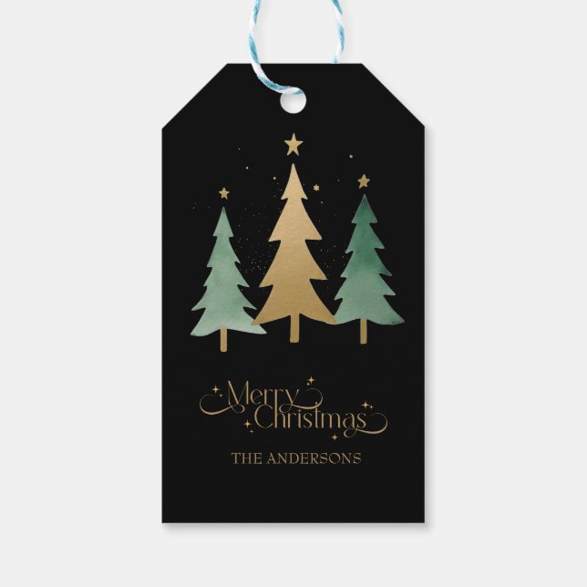 Frohe Weihnachten Moderne Pine Trees Black Geschenkanhänger (Rückseite)