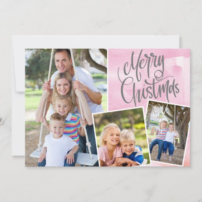 Frohe Weihnachten Moderne rosa Wasserfarbe Drei Fo (Vorderseite)